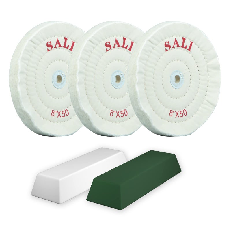 SALI 3 Pack Polishing Wheel for Bench Grinder Buffing Wheel 8 inch White Cotton (50 Ply) for Buffer Polisher Medium Polish Pad 5/8'' Arbor Hole with Polishing Compound Kit - Image 1